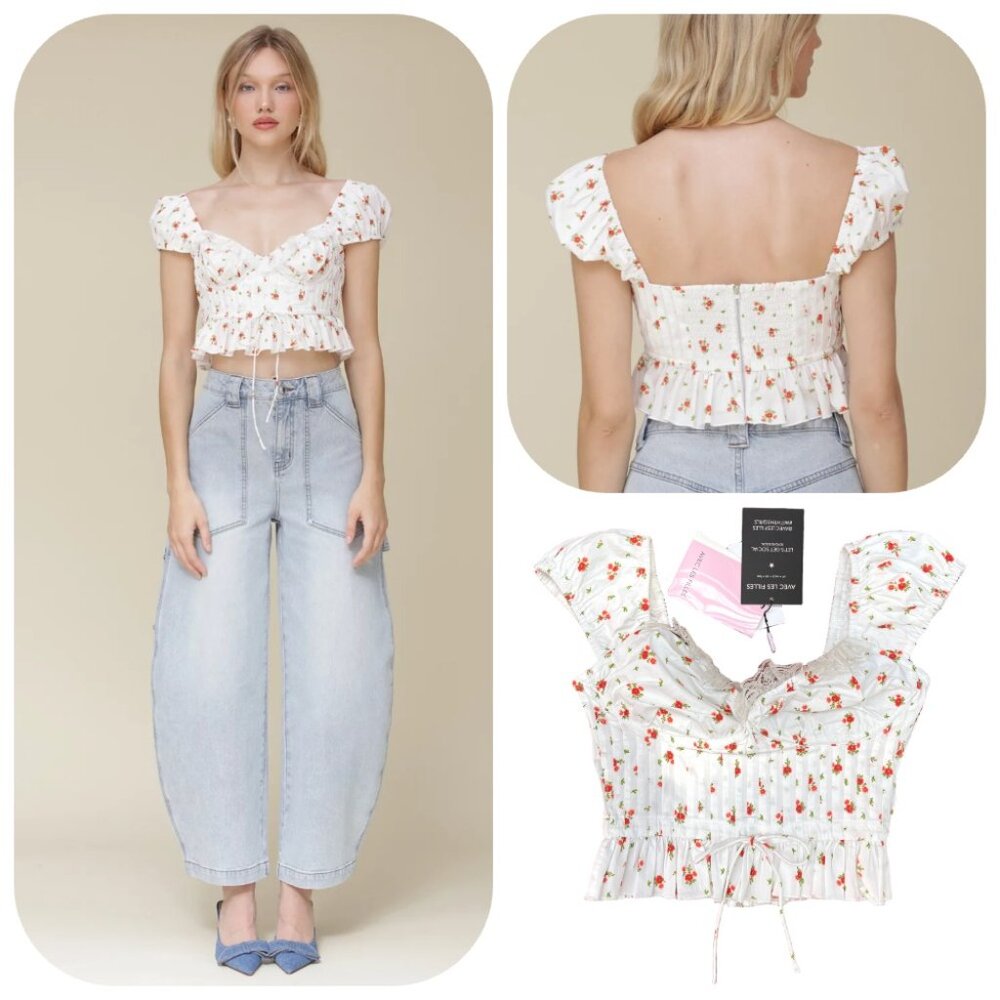NWT Avec Les Filles Women's Cotton Printed Pleated Cropped Peplum Blouse XS